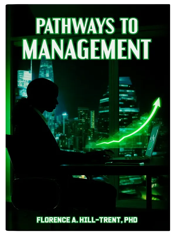 Cover of Pathways to Management: a woman at her desk at night, a rising green line on the city skyline